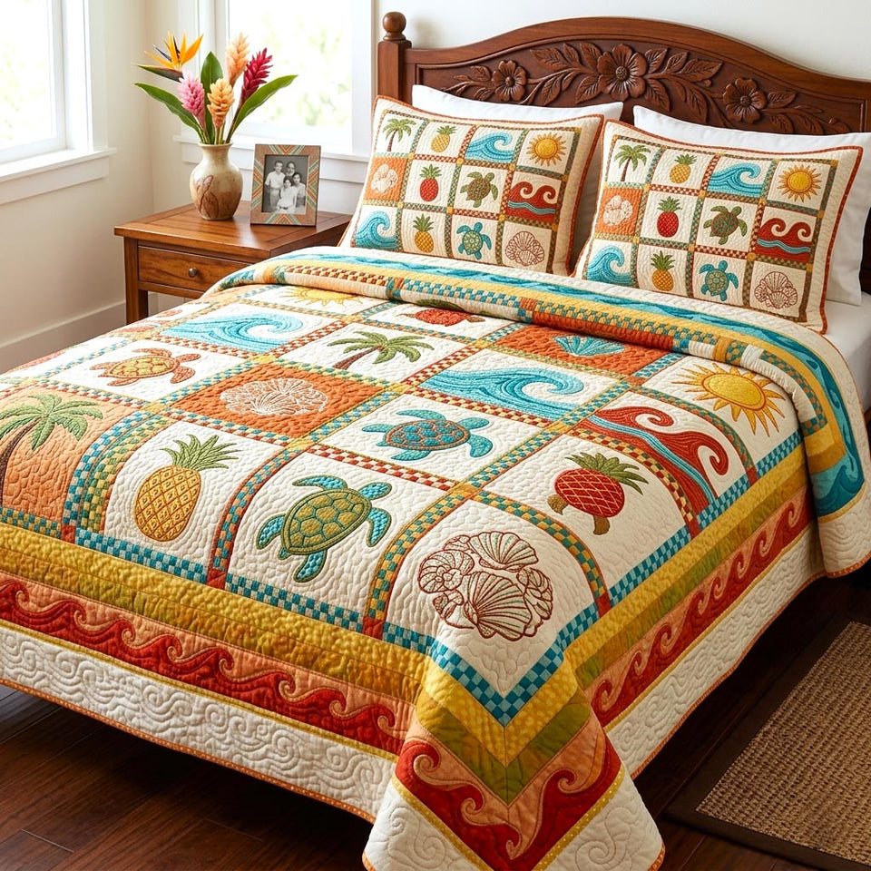 Paradise Vibes quilted bedding set, quilt and two pillow shams on a made bed