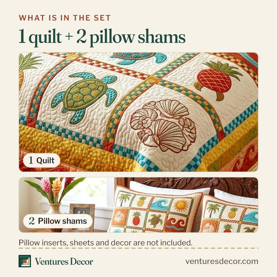 What is in the set: one quilt and two pillow shams, shown in the Paradise Vibes design