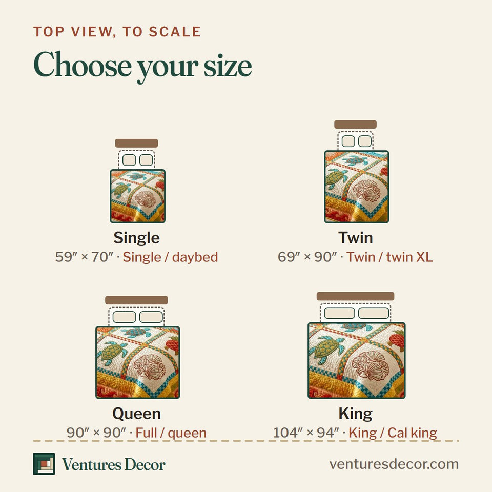 Size guide for the Paradise Vibes quilt, top view to scale: Single 59 x 70 in, Twin 69 x 90 in, Queen 90 x 90 in, King 104 x 94 in