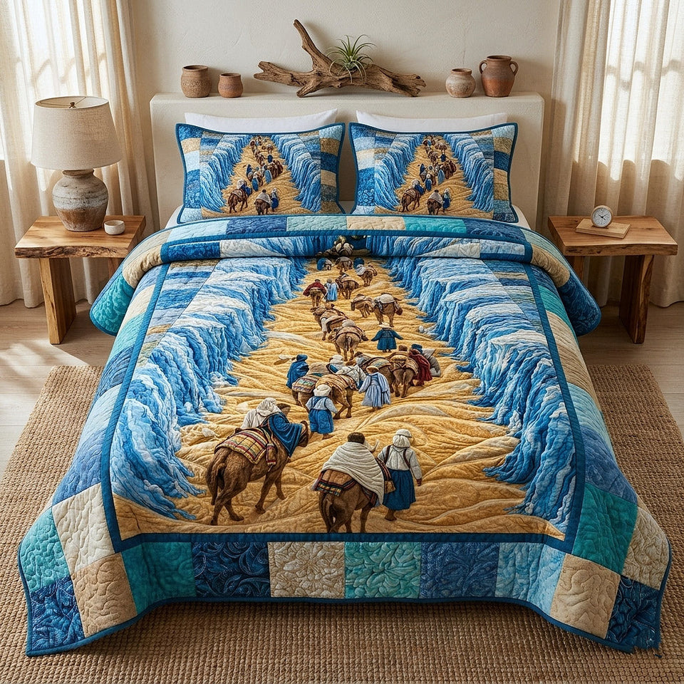 Passover Heritage Crossing the Dry Path quilted bedding set, quilt and two pillow shams on a made bed