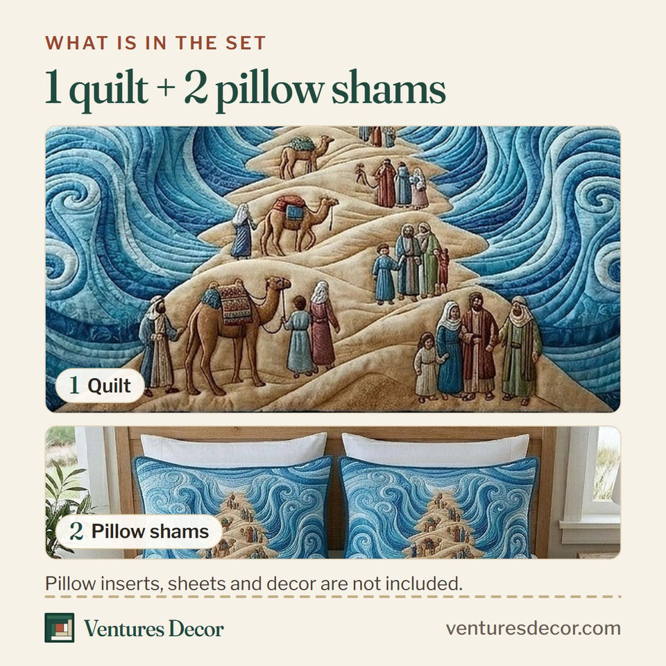What is in the set: one quilt and two pillow shams, shown in the Passover Heritage Mountain Ascent design