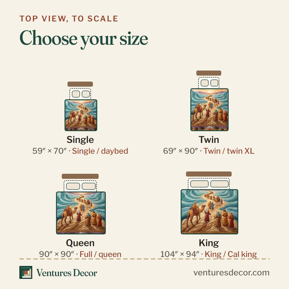 Size guide for the Passover Light quilt, top view to scale: Single 59 x 70 in, Twin 69 x 90 in, Queen 90 x 90 in, King 104 x 94 in
