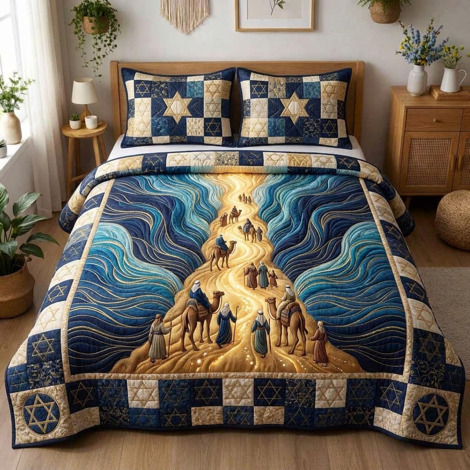 Passover Table quilted bedding set, quilt and two pillow shams on a made bed