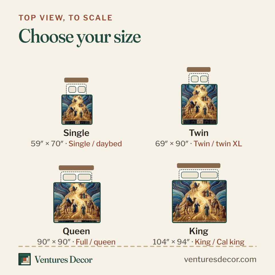 Size guide for the Passover Table quilt, top view to scale: Single 59 x 70 in, Twin 69 x 90 in, Queen 90 x 90 in, King 104 x 94 in