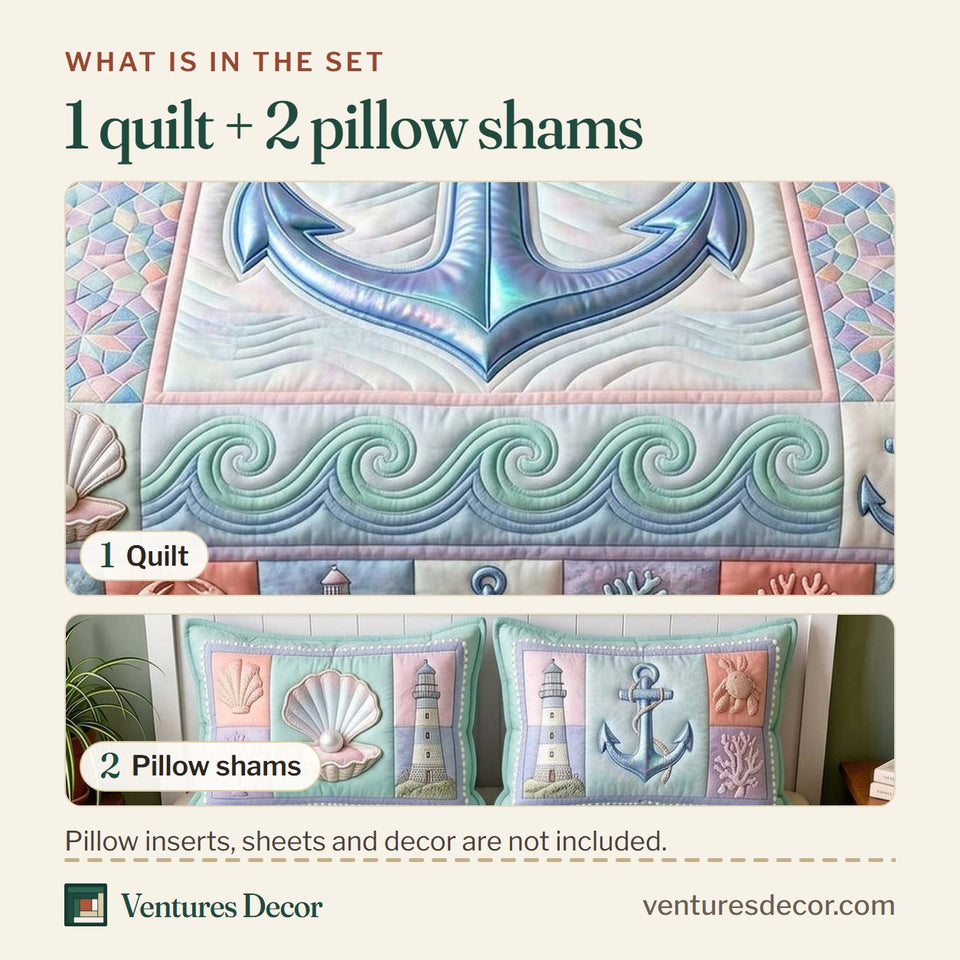 What is in the set: one quilt and two pillow shams, shown in the Pastel Anchor Cove design