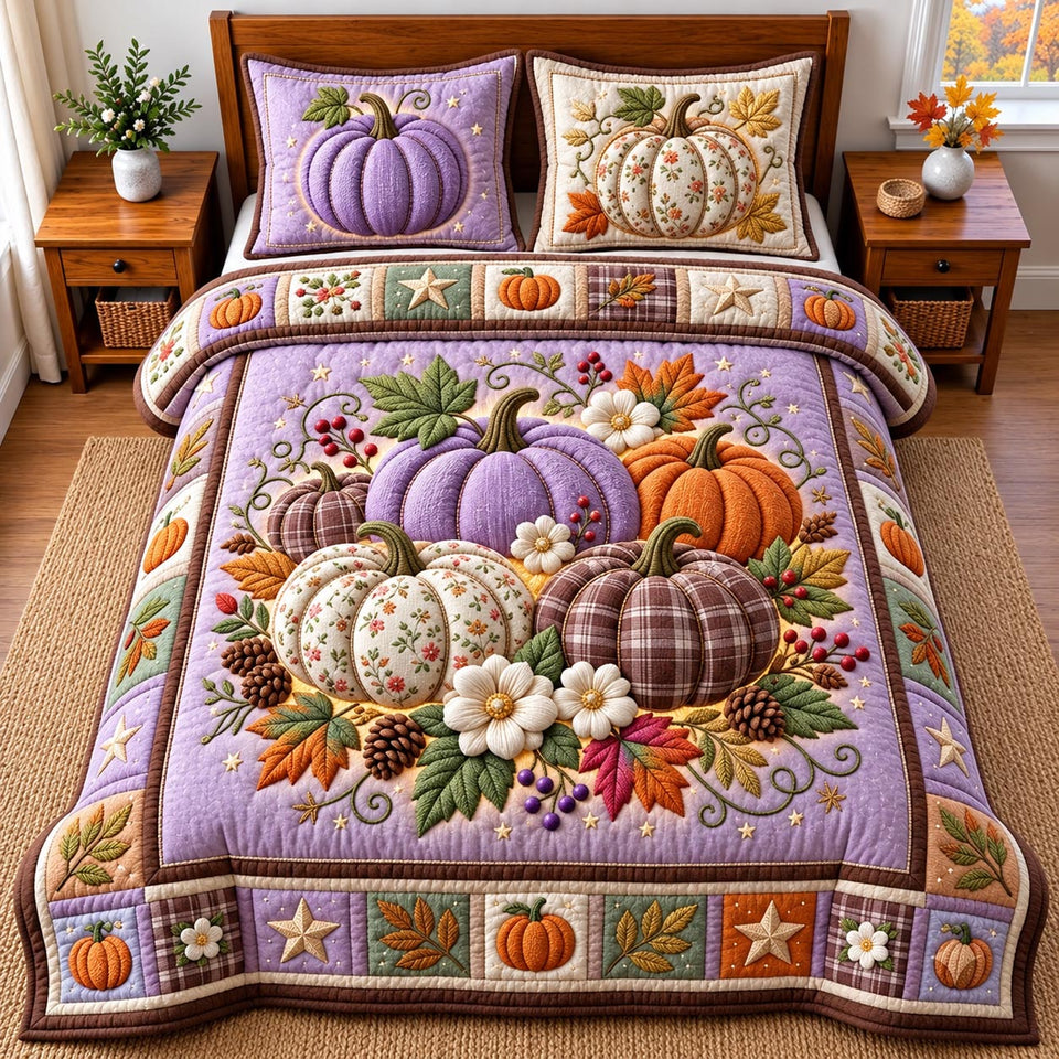 Pastel Pumpkin Harvest quilted bedding set, quilt and two pillow shams on a made bed