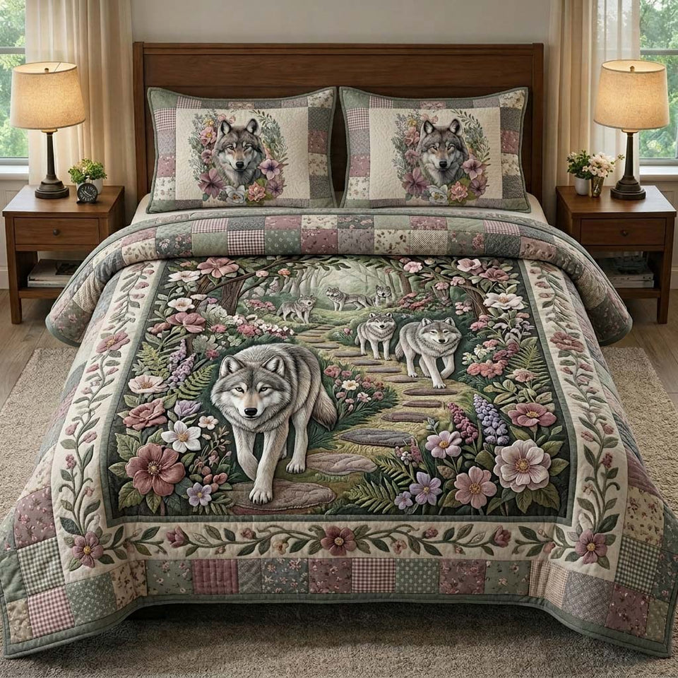 Pastel Wolf quilted bedding set, quilt and two pillow shams on a made bed
