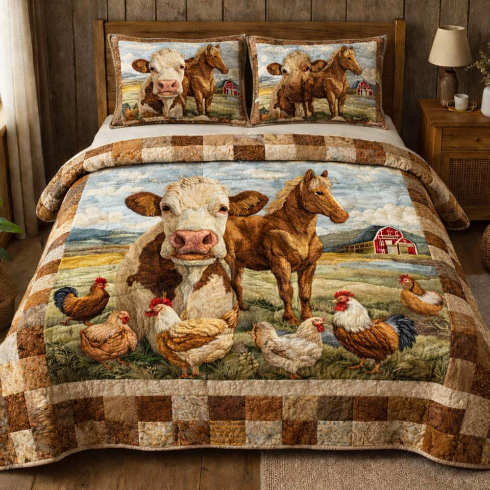Pasture Morning Harmony quilted bedding set, quilt and two pillow shams on a made bed