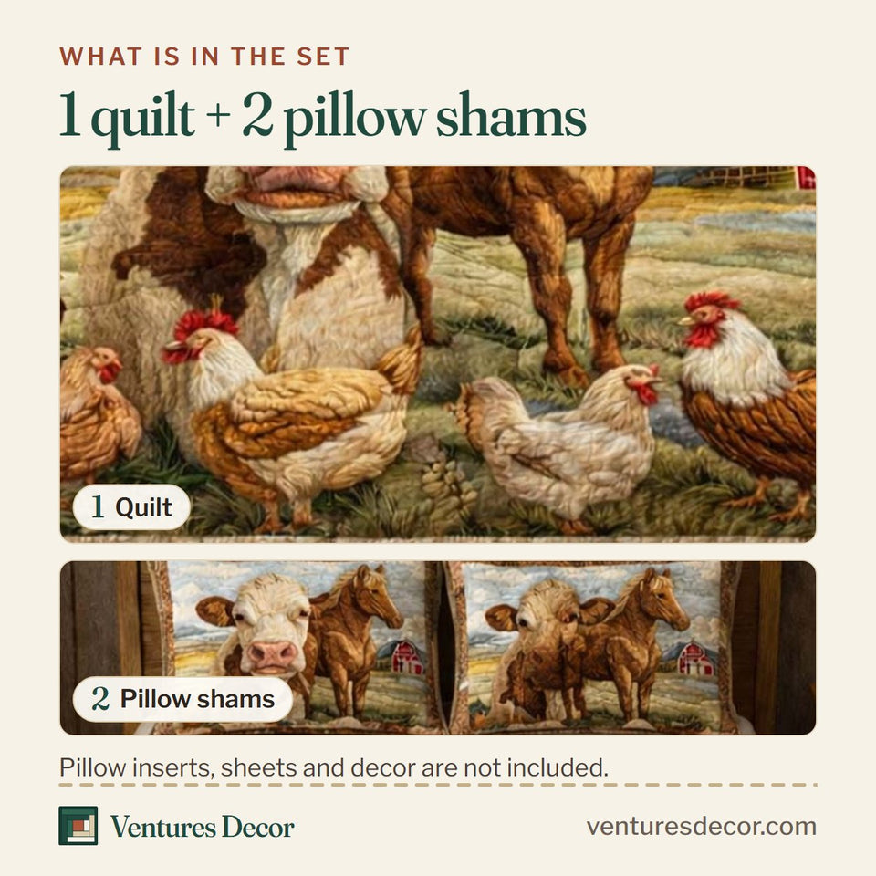 What is in the set: one quilt and two pillow shams, shown in the Pasture Morning Harmony design