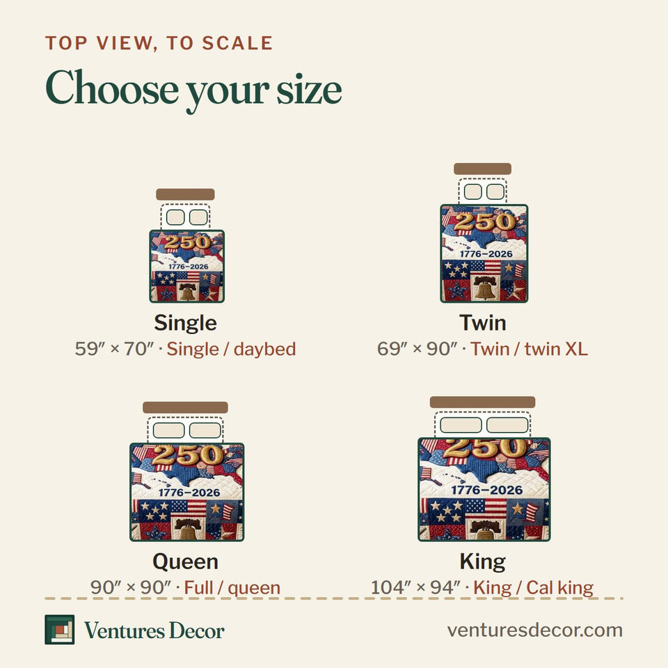 Size guide for the Patch Star quilt, top view to scale: Single 59 x 70 in, Twin 69 x 90 in, Queen 90 x 90 in, King 104 x 94 in