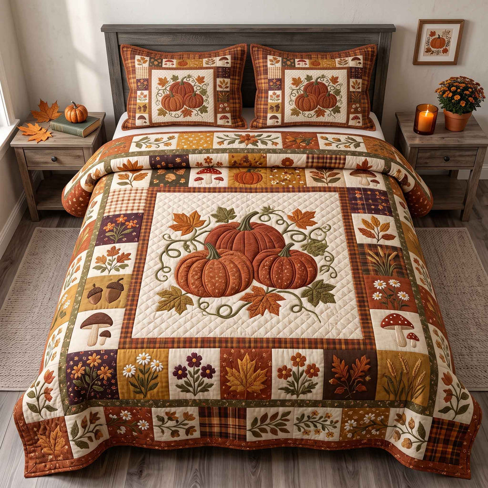 Patchwork Autumn Bliss in Blush quilted bedding set, quilt and two pillow shams on a made bed