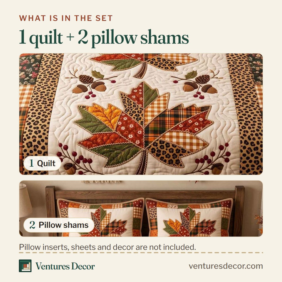 What is in the set: one quilt and two pillow shams, shown in the Patchwork Autumn Bliss design