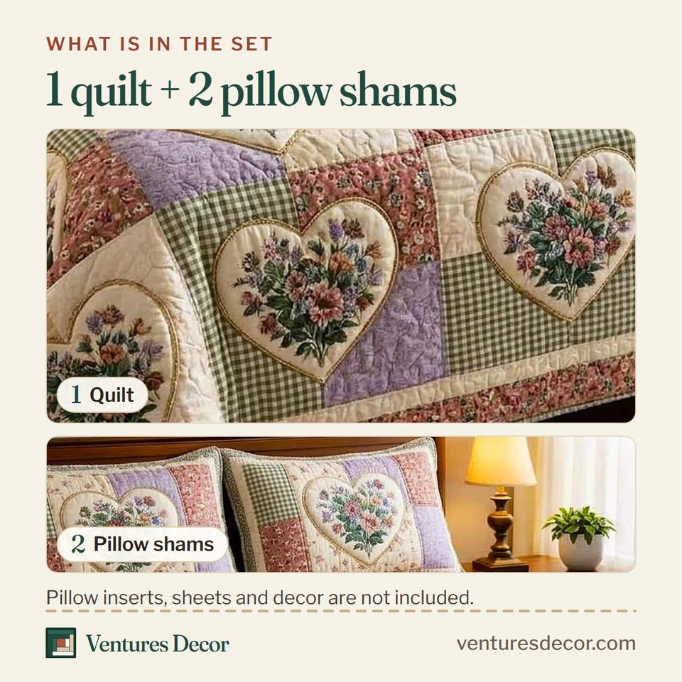 What is in the set: one quilt and two pillow shams, shown in the Patchwork Bloom design