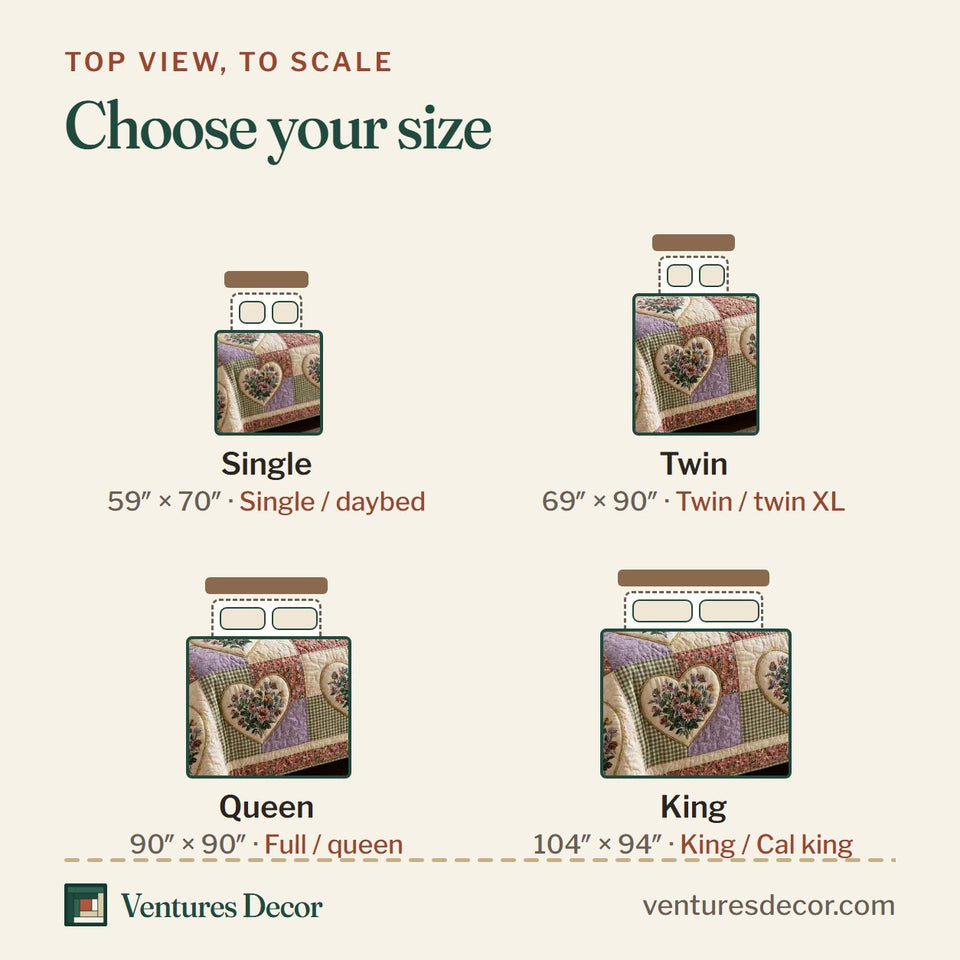 Size guide for the Patchwork Bloom quilt, top view to scale: Single 59 x 70 in, Twin 69 x 90 in, Queen 90 x 90 in, King 104 x 94 in