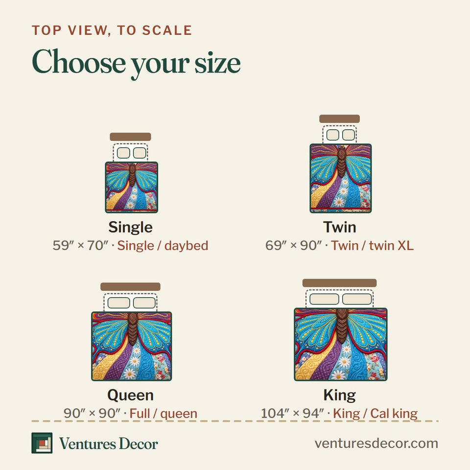 Size guide for the Patchwork Butterfly Animal quilt, top view to scale: Single 59 x 70 in, Twin 69 x 90 in, Queen 90 x 90 in, King 104 x 94 in