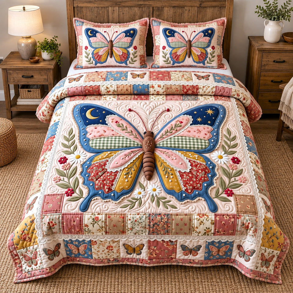 Patchwork Butterfly quilted bedding set, quilt and two pillow shams on a made bed