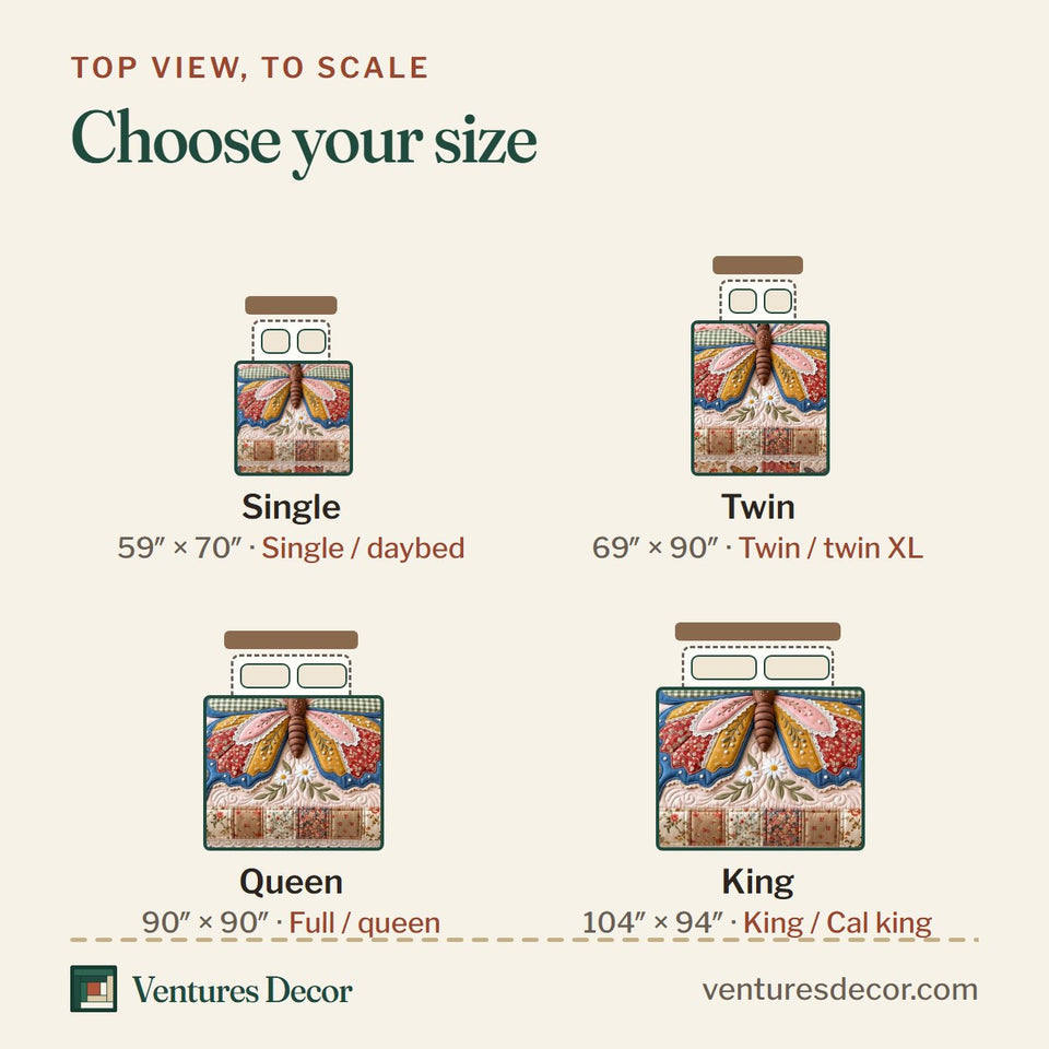 Size guide for the Patchwork Butterfly quilt, top view to scale: Single 59 x 70 in, Twin 69 x 90 in, Queen 90 x 90 in, King 104 x 94 in