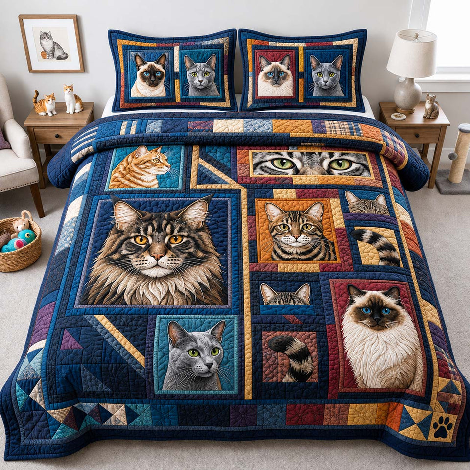 Patchwork Cat Portrait Gallery quilted bedding set, quilt and two pillow shams on a made bed