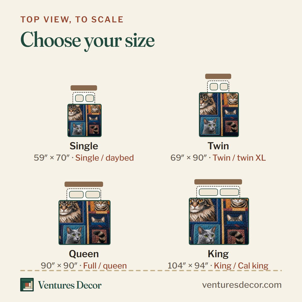 Size guide for the Patchwork Cat Portrait Gallery quilt, top view to scale: Single 59 x 70 in, Twin 69 x 90 in, Queen 90 x 90 in, King 104 x 94 in
