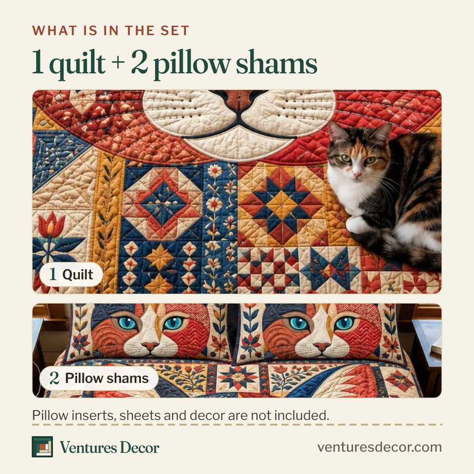 What is in the set: one quilt and two pillow shams, shown in the Patchwork Cat design