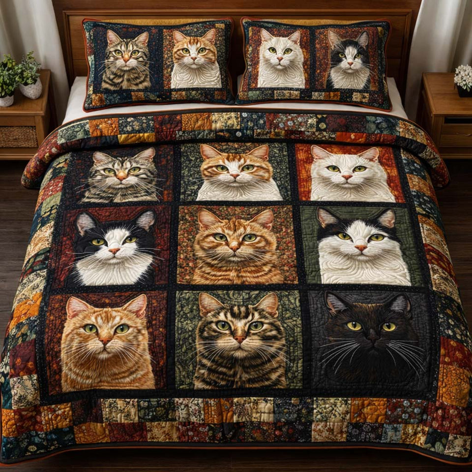 Patchwork Cats quilted bedding set, quilt and two pillow shams on a made bed