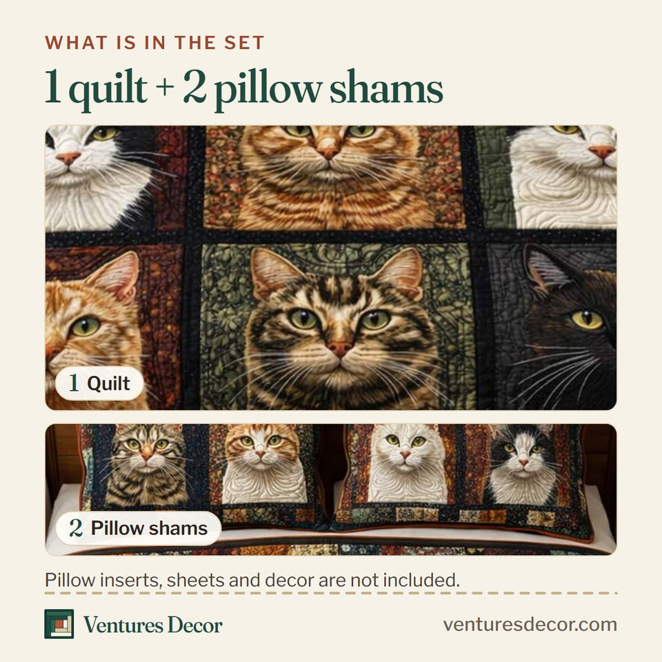 What is in the set: one quilt and two pillow shams, shown in the Patchwork Cats design