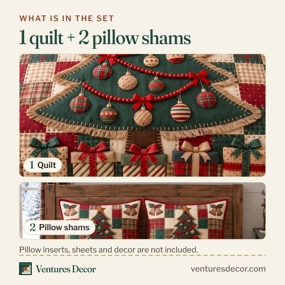 What is in the set: one quilt and two pillow shams, shown in the Patchwork Christmas Tree Evergreen design