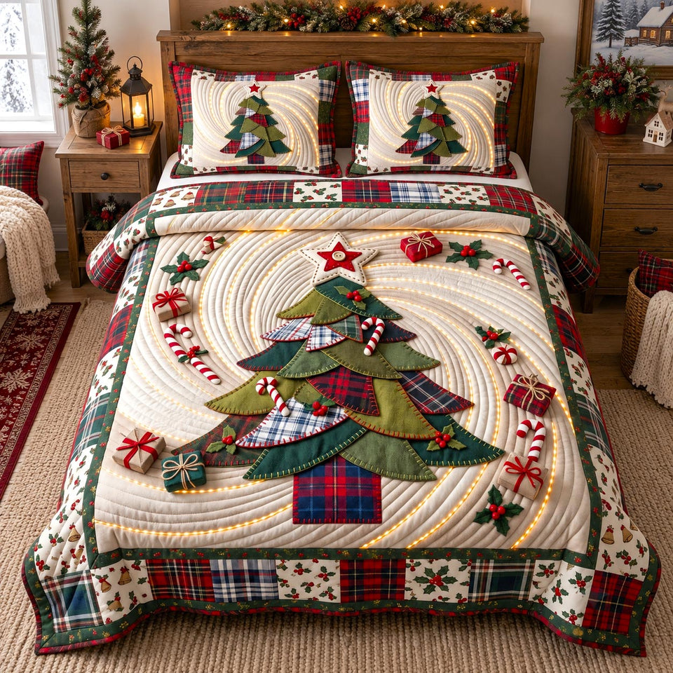 Patchwork Christmas Tree in Brown quilted bedding set, quilt and two pillow shams on a made bed