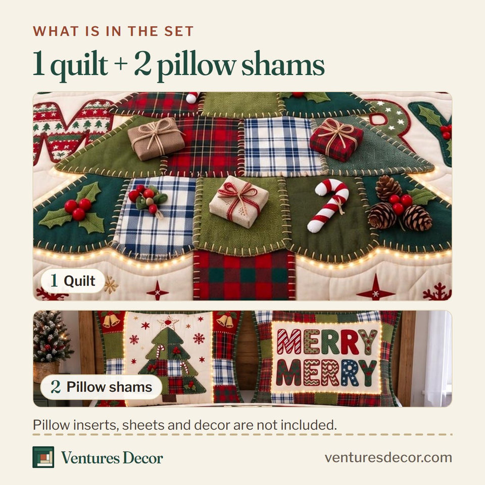 What is in the set: one quilt and two pillow shams, shown in the Patchwork Christmas Tree in Tan design