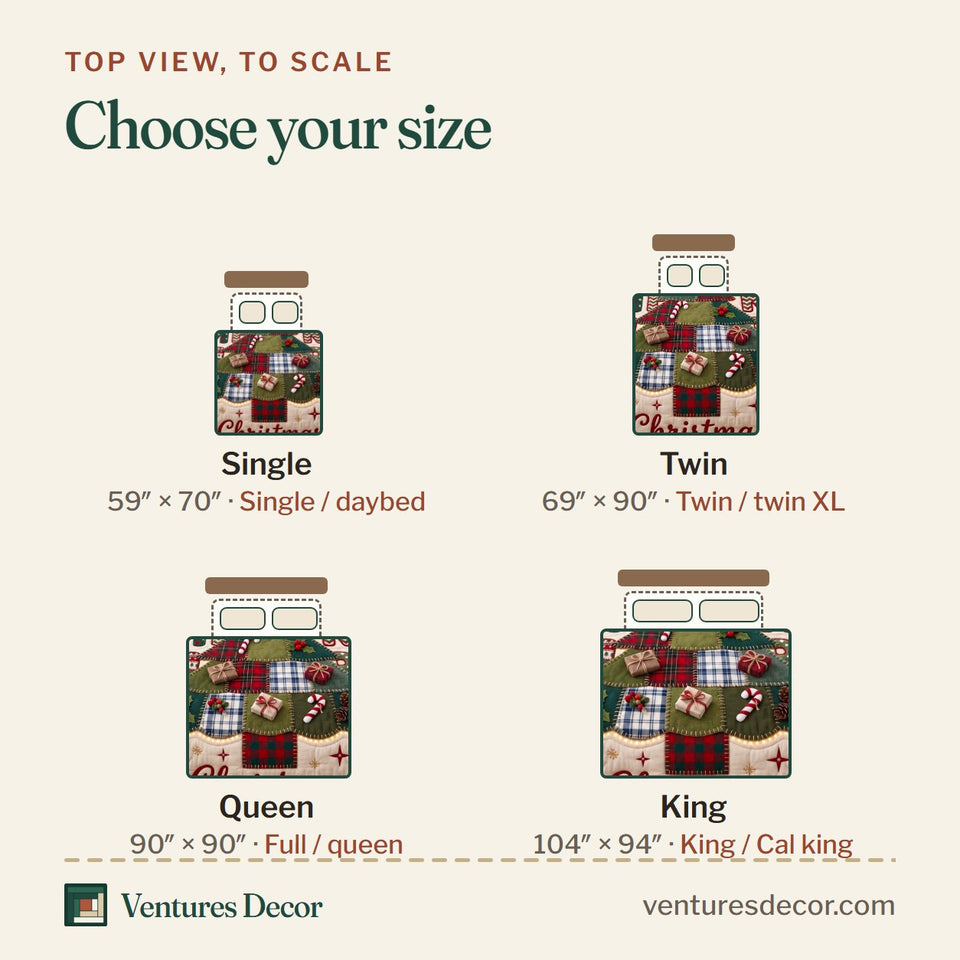 Size guide for the Patchwork Christmas Tree in Tan quilt, top view to scale: Single 59 x 70 in, Twin 69 x 90 in, Queen 90 x 90 in, King 104 x 94 in