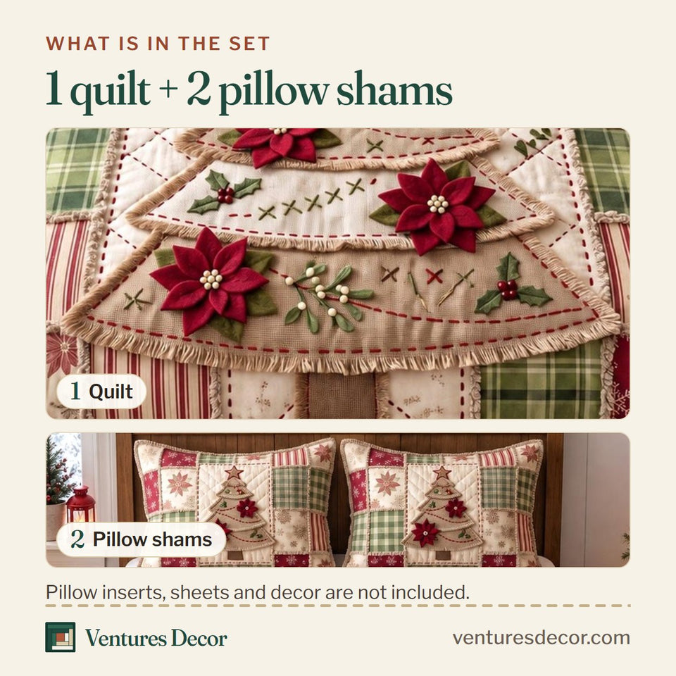 What is in the set: one quilt and two pillow shams, shown in the Patchwork Christmas Tree design
