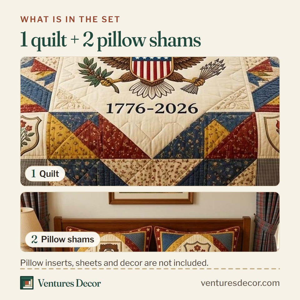 What is in the set: one quilt and two pillow shams, shown in the Patchwork Eagle design