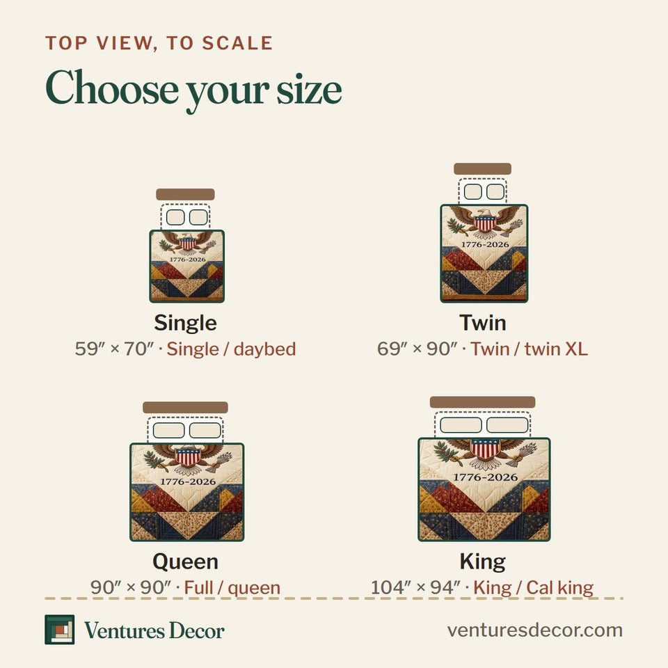 Size guide for the Patchwork Eagle quilt, top view to scale: Single 59 x 70 in, Twin 69 x 90 in, Queen 90 x 90 in, King 104 x 94 in