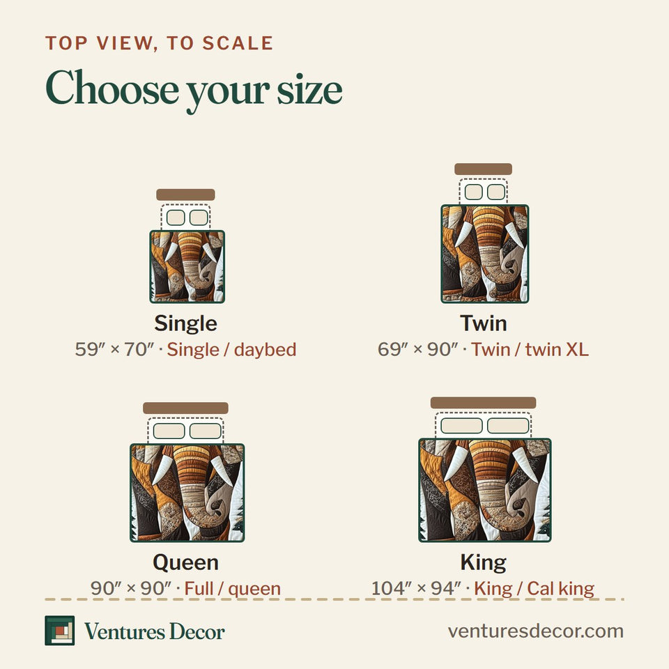 Size guide for the Patchwork Elephant Pines quilt, top view to scale: Single 59 x 70 in, Twin 69 x 90 in, Queen 90 x 90 in, King 104 x 94 in
