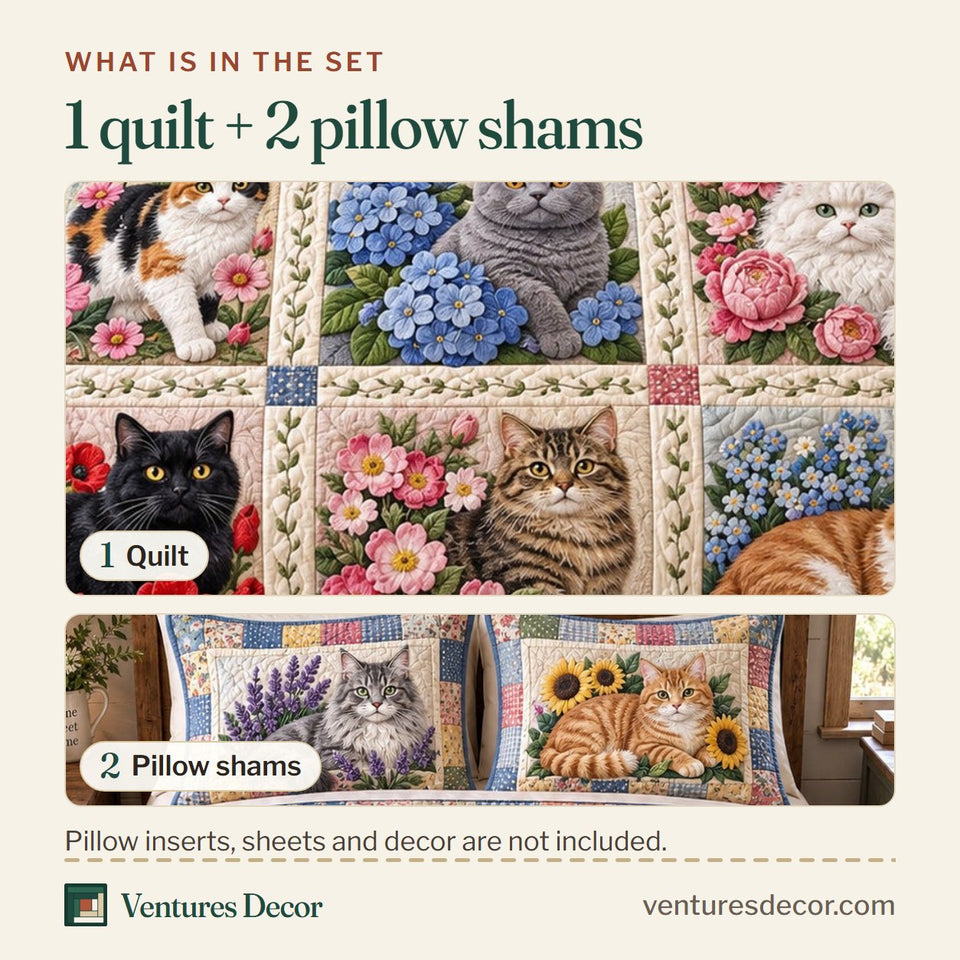 What is in the set: one quilt and two pillow shams, shown in the Patchwork Floral Cats Animal design