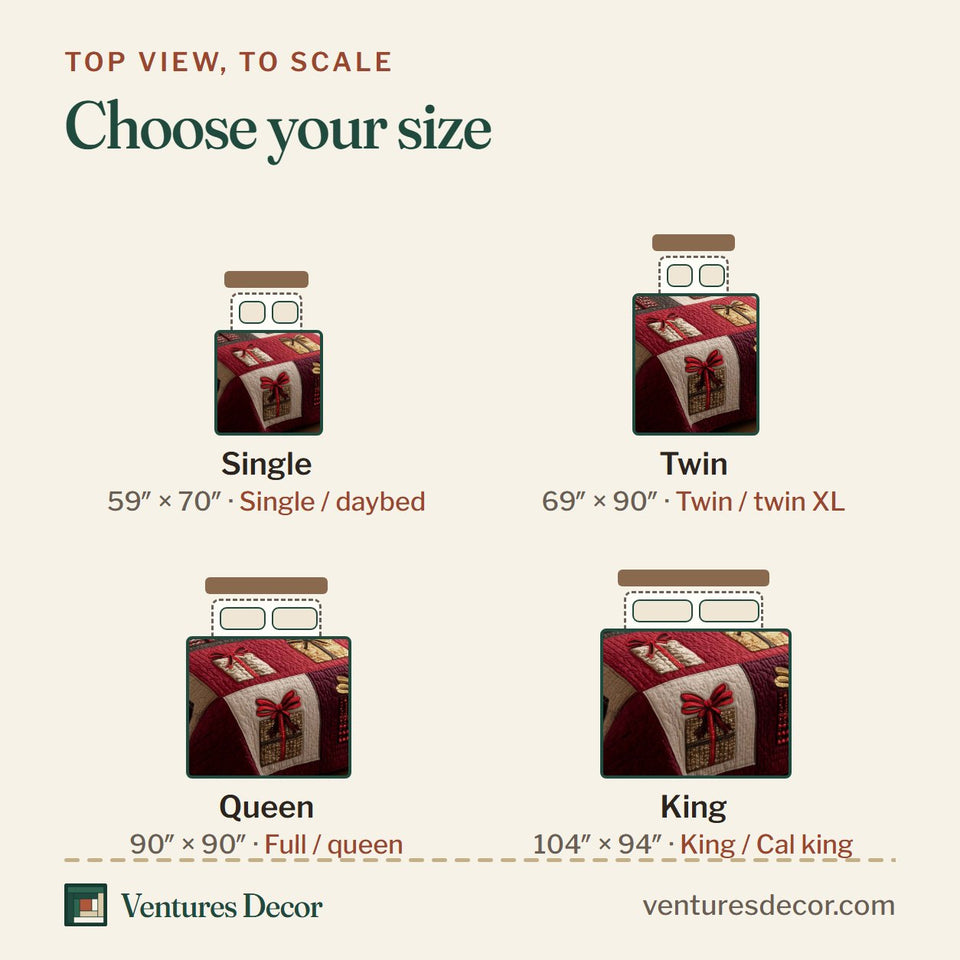 Size guide for the Patchwork Gifts Crimson Present Panels quilt, top view to scale: Single 59 x 70 in, Twin 69 x 90 in, Queen 90 x 90 in, King 104 x 94 in