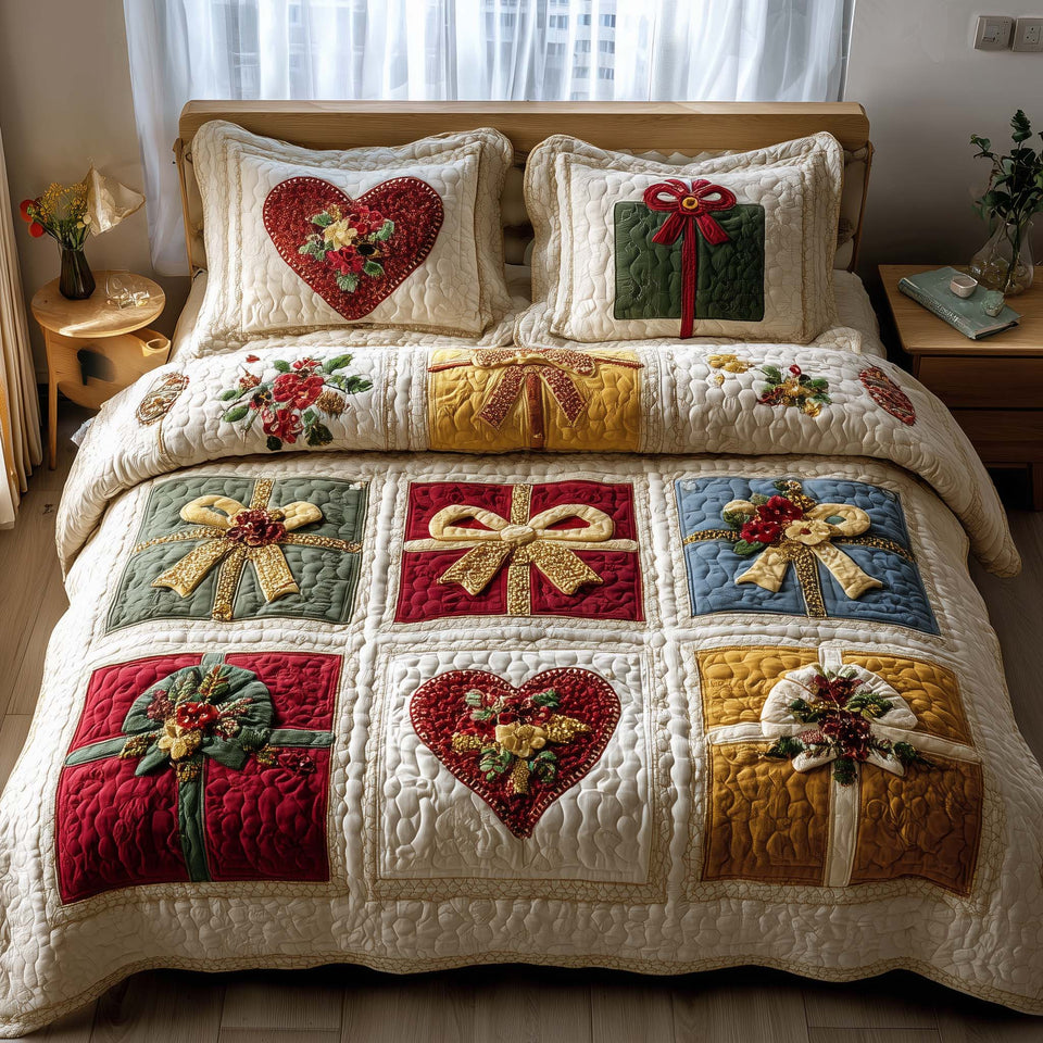 Patchwork Gifts Heart and Bow Cream quilted bedding set, quilt and two pillow shams on a made bed