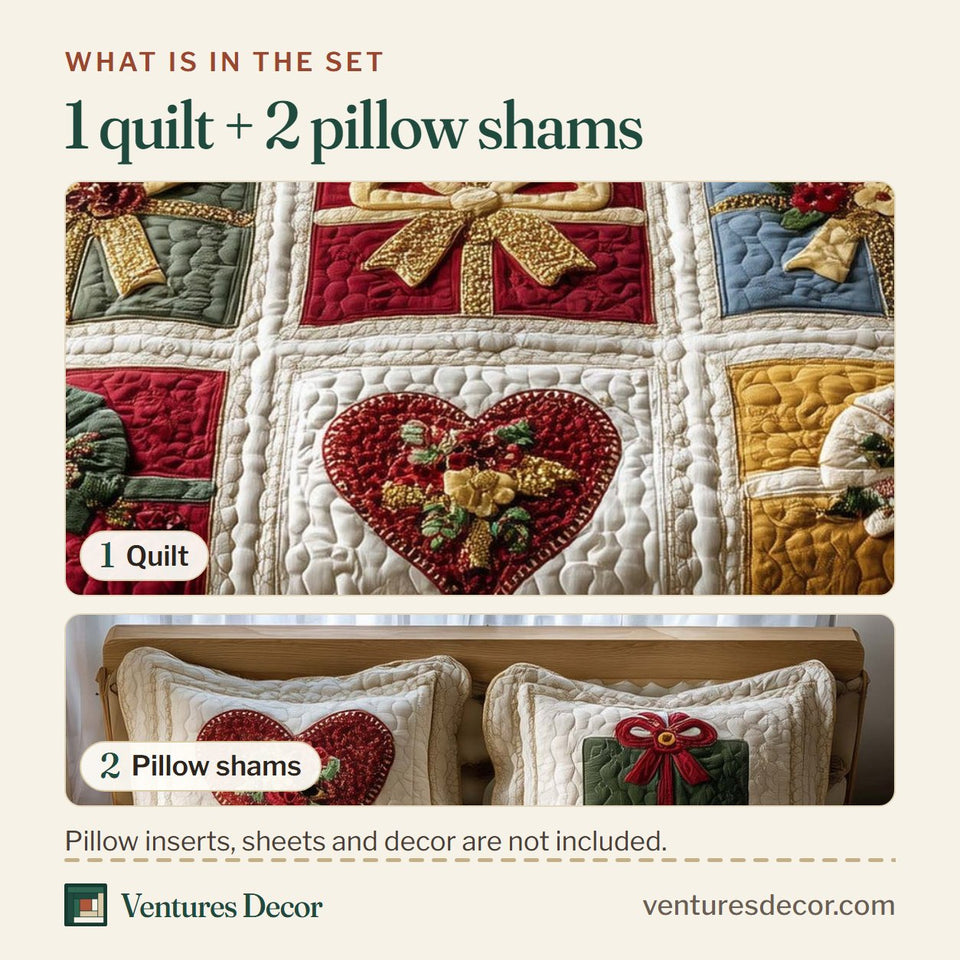 What is in the set: one quilt and two pillow shams, shown in the Patchwork Gifts Heart and Bow Cream design