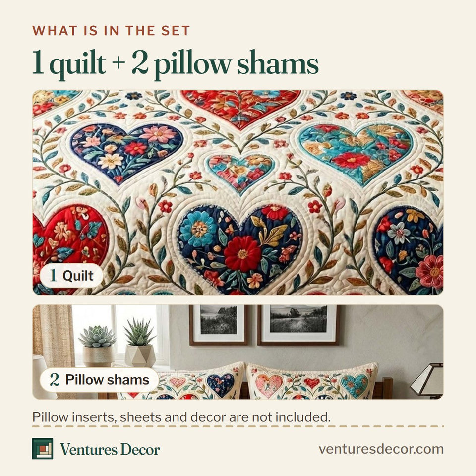 What is in the set: one quilt and two pillow shams, shown in the Patchwork Heart design
