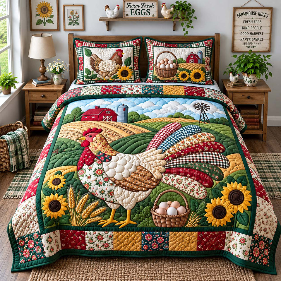 Patchwork Hen Farm quilted bedding set, quilt and two pillow shams on a made bed