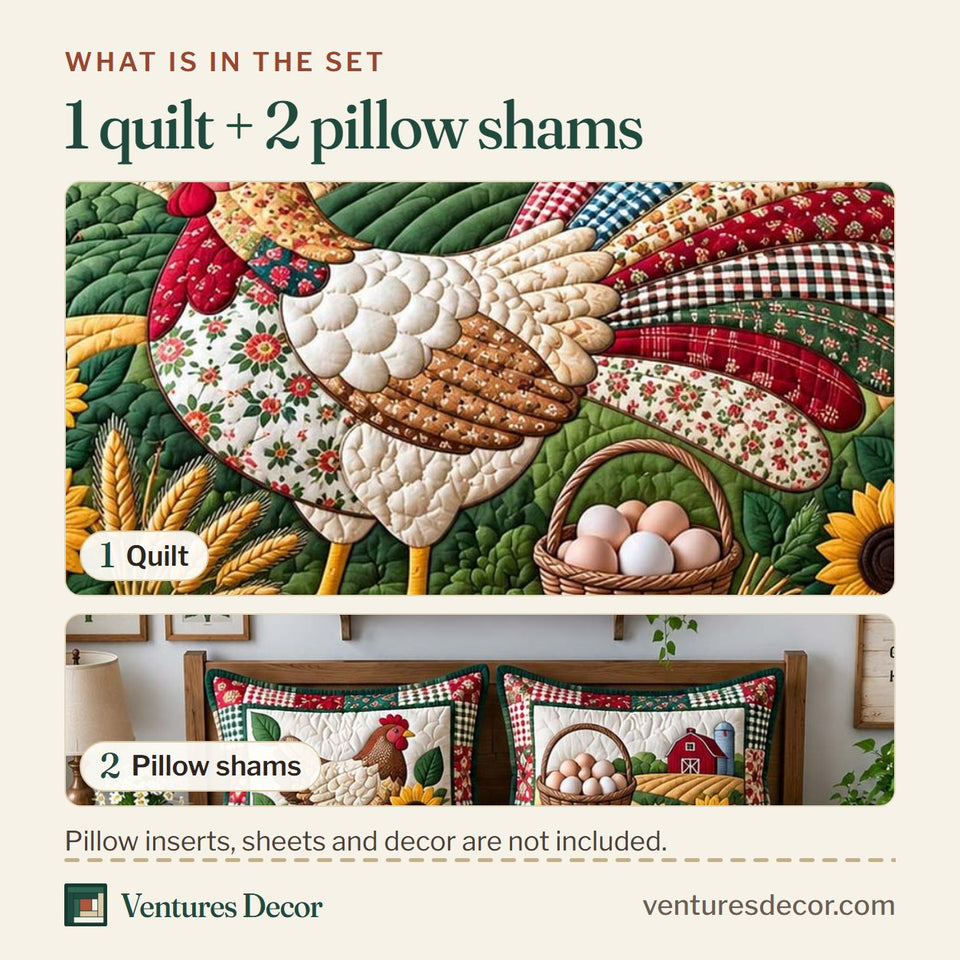 What is in the set: one quilt and two pillow shams, shown in the Patchwork Hen Farm Quilt Set, 3-Piece Quilted Bedding with 2 Pillow Shams design