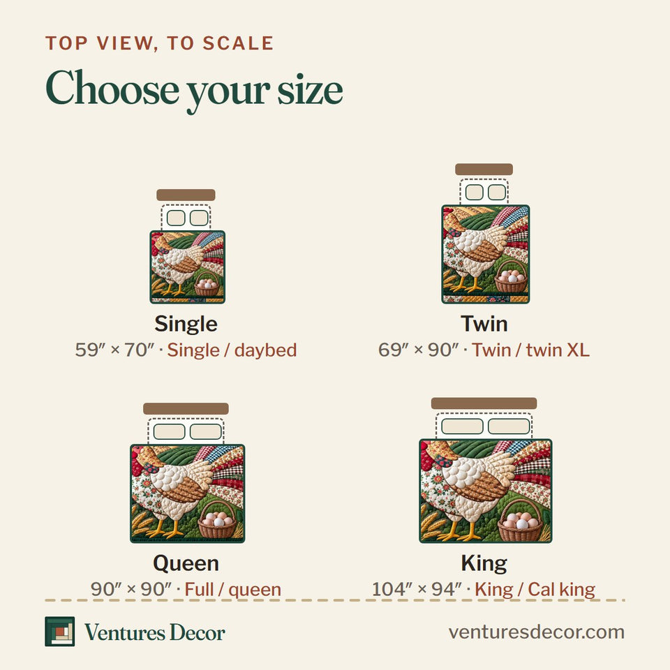 Size guide for the Patchwork Hen Farm Quilt Set, 3-Piece Quilted Bedding with 2 Pillow Shams quilt, top view to scale: Single 59 x 70 in, Twin 69 x 90 in, Queen 90 x 90 in, King 104 x 94 in