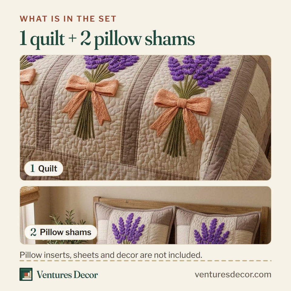 What is in the set: one quilt and two pillow shams, shown in the Patchwork Lavender design
