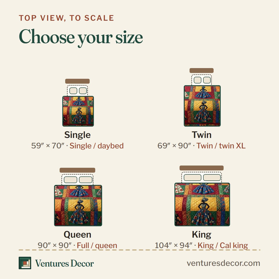 Size guide for the Patchwork Melanin quilt, top view to scale: Single 59 x 70 in, Twin 69 x 90 in, Queen 90 x 90 in, King 104 x 94 in