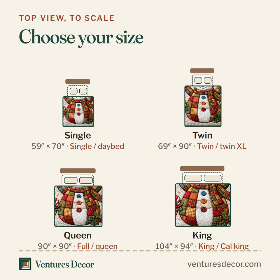 Size guide for the Patchwork Mittens Snowman quilt, top view to scale: Single 59 x 70 in, Twin 69 x 90 in, Queen 90 x 90 in, King 104 x 94 in