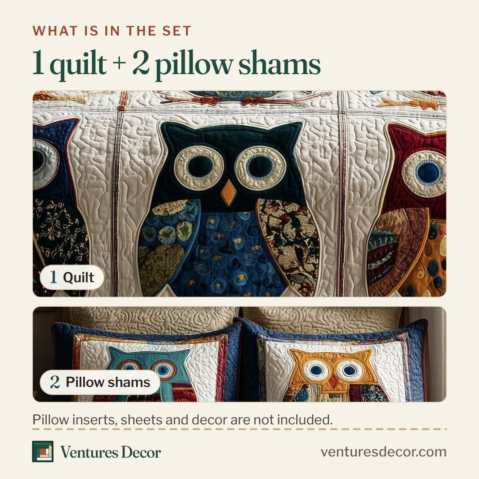 What is in the set: one quilt and two pillow shams, shown in the Patchwork Owl Parliament design