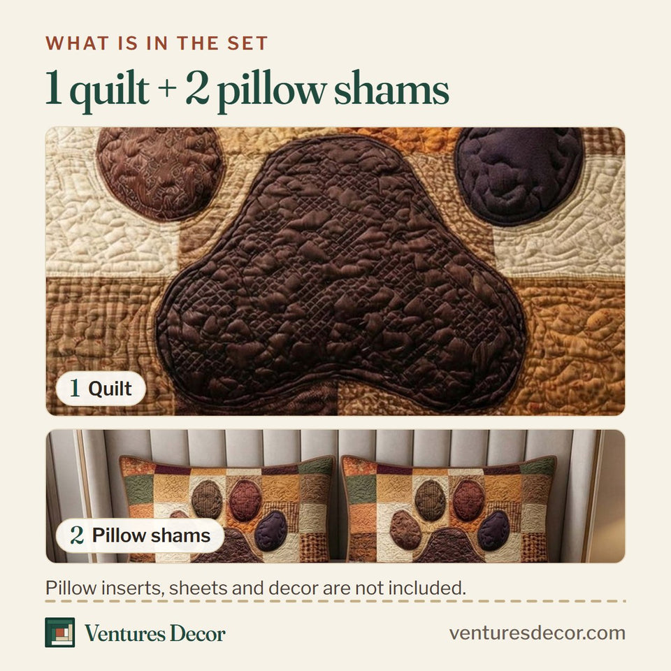 What is in the set: one quilt and two pillow shams, shown in the Patchwork Paw design