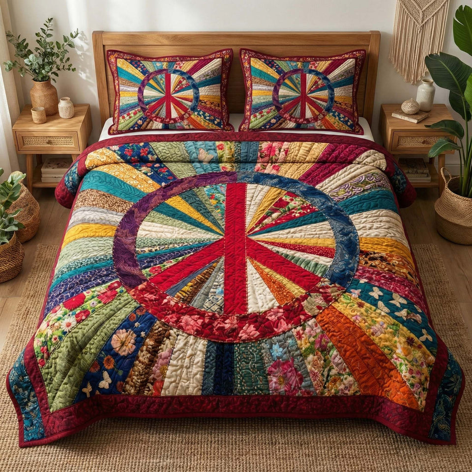 Patchwork Peace quilted bedding set, quilt and two pillow shams on a made bed