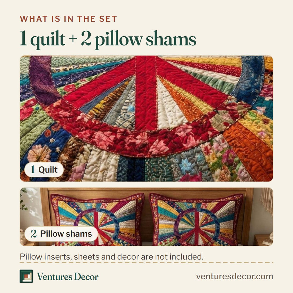 What is in the set: one quilt and two pillow shams, shown in the Patchwork Peace design