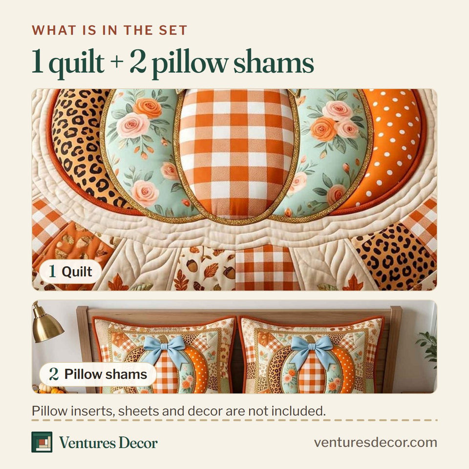 What is in the set: one quilt and two pillow shams, shown in the Patchwork Pumpkin Patch Fall design